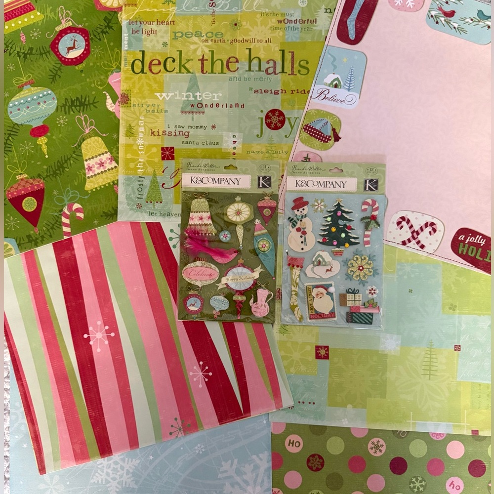 🆕🎄 K&COMPANY “PEPPERMINT TWIST” EMBELLISHMENTS & MATCHING PAPER SCRAPBOOK BUNDLE
